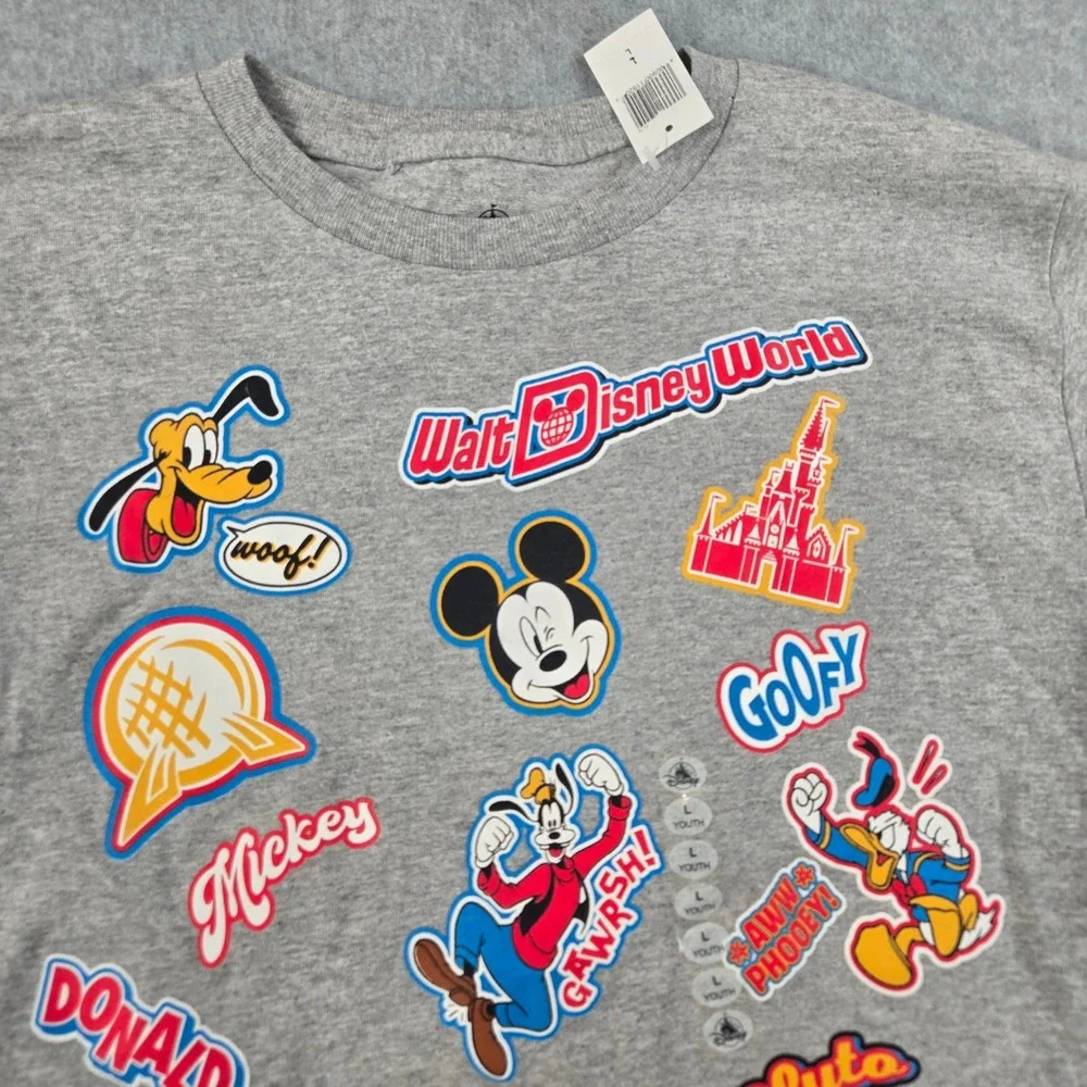 Disney Parks Mickey Mouse Friends Sticker Graphic T-Shirt Gray Kids Large NWT